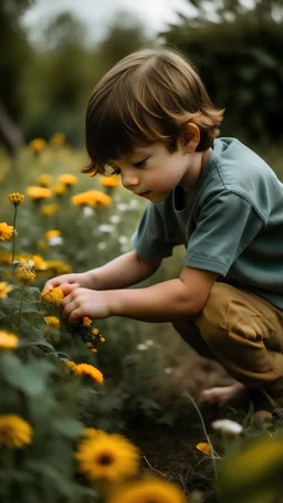 A boy picks flowers