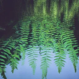 Reflection of ferns in pool of water, nature photography, calm, Zen, soft lighting