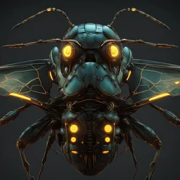 Expressively detailed and intricate 3d rendering of a hyperrealistic : cyberpunk insect, dystopian, neon, symetric, frontal view, artstation: award-winning: professional portrait: fantastical: clarity: 16k: ultra quality: striking: brilliance: amazing depth: masterfully crafted.