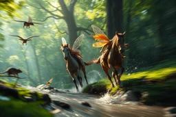 volumetric light, oil painting ,motion blur running caped long haired pixie Quickling - Forgotten Realms dodging flying rats above water and along winding branches in lush green forest along speeding horses , bokeh like f/0.8, tilt-shift lens 8k, high detail, smooth render, down-light, unreal engine, prize winning