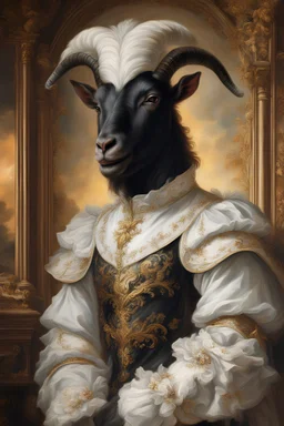 A grand painting portrait of a Black Goat wearing a white allonge wig, adorned in a white jabot and iron knightly armor, painted by Rubens in a Baroque style, hangs on the wall. The warm glow from the fireplace blends with the bright sunlight pouring in through the windows, creating a captivating atmosphere. The portrait is framed in opulent gilded elegance, capturing the regality and whimsy of the Black Goat in this unique masterpiece.