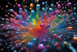 close up slow motion multicolored water drops bursting, high definition, dark - blurred background