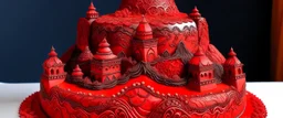 A red castle on top of a volcano designed in Mehndi design