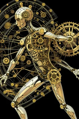 mechanical man dancing detailed cogs and screws leonardo da vinci style detail STYLE OF Hiroshi Nagai