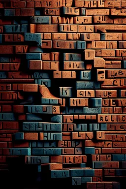 A brick wall made up of words and letters of the English alphabet, Many letters, abstraction. A high-resolution image of 8 K.