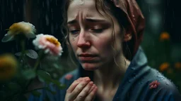 portrait of a crying woman, rain, flowers
