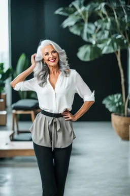 full body of very beautiful lady wearing pants and bluse ,white gray hair ,standing idle happy pose in studio