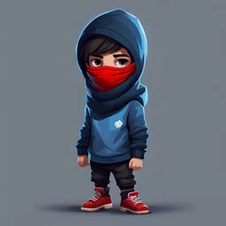 create an avatar of a young and friendly boy, he is a gamer and has blue, black or red clothes. He has a balaclava covering his mouth