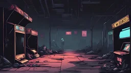 Comic style, desolate dark arcade,no humans