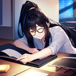 girl, masterpiece, best quality, volumetric lighting, detailed outfit, perfect eyes, black hair, golden eyes, long hair, ponytail, black glasses, closed eyes, sleeping, at office,