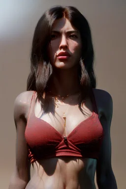 Ultra Realistic image, 25 years old brunette woman, Madrid, portrait, small stature, too small chest, yakuza body tattoo, vibrant color, highly detailed, art stations, concept art, smooth, unreal engine 5, god rays, ray tracing, RTX, lumen lighting, ultra detail, volumetric lighting.