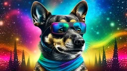a cool dog with sunglasses walking outside under a nebula night sky. intricate details. amazing city backdrop. natural tones. hearts, rainbows