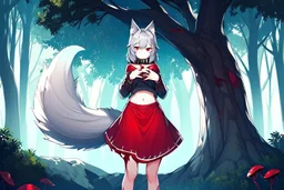 Lonely Girl, forest, gray hair, wolf ears, wolf tail, open navel, hands on chest, blushing, standing by a tree, collar on neck, very short red skirt, blood on hands, long nails, wolf hair on legs, more red eyes, glowing mushrooms on trees, big tail