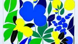 An exquisite minimalist illustration by Matisse featuring a serene garden adorned with simple, geometric shapes of flowers. Electric green and yellow leaves and petals contrast against a light background, while bold blue outlines define the shapes. The cutout style creates a harmonious balance of color and form.