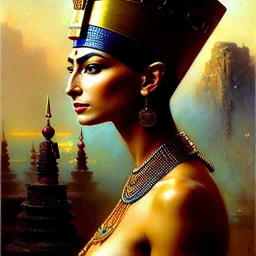 portrait beautiful face Nefertiti,busty,ancient metal armor balanciaga fashion clothe painting by gaston bussiere, greg rutkowski, yoji shinkawa, yoshitaka amano, tsutomu nihei, donato giancola, tim hildebrandt, oil on canvas, cinematic composition, extreme detail,fit full head inside picture