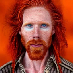 Portrait of Courtney Gains as a ruggedly handsome, joyful, roguish pirate, charismatic, attractive male, masculine, perfect, precisely detailed clear eyes, softly freckled face, unblemished, flawless skin; meticulously detailed multi-hued ginger carrot colored cherry fire red hair; fantasy, intricate, elegant, highly detailed, digital painting, concept art, matte, sharp focus, illustration, art by artgerm and greg rutkowski and alphonse mucha