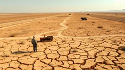 Climate emergency. An expansive farmland turned barren desert, with deep cracks running through the dry, dusty soil. Crops lie dead and withered, and abandoned farming equipment rusts in the harsh sun. A lone farmer stands in despair, looking at the parched earth. Beautiful award-winning photograph, shocking, balanced delightful composition, perfect lighting, superb detail, 16k render