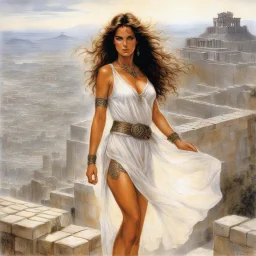 [art by Luis Royo] in the ancien greece youthful Catherine Bach wears a transparent linen short dress, on the top of Acropolis, for the celebration. she is covered by Celtic tattoos