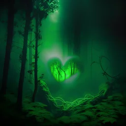 green fog in the forest at night with an electric heart