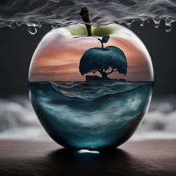 lovely double exposure image by blending together a stormy sea and a glass apple. The sea should serve as the underlying backdrop, with its details subtly incorporated into the glossy glass apple, sharp focus, double exposure, glossy glass apple, (translucent glass figure of an apple) (sea inside) lifeless, dead, glass apple, earthy colors, decadence, intricate design, hyper realistic, high definition, extremely detailed, dark softbox image, raytracing, cinematic, HDR, photorealistic (double exp