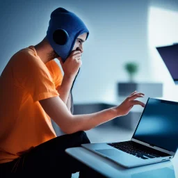 Hacker sitting at laptop, front view, award winning photograph