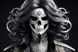 Logo skull, hair , scissors, mask, cover face, dynamic pose, oshare kei, hurufiyya, rtx, intricate details, highly detailed, high details, detailed portrait, masterpiece,ultra detailed, ultra quality