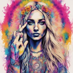 sketch illustration, tie dye wearing pretty hippie woman with aflower in her long blonde hair giving the victory sign with fingers, background is psychedelic zentangle, groovy neon acid wash, peace signs, ink splatter, by Russ Mills and Alex Grey