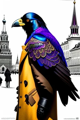 One single mature crow with russian clothes, dancing on the street, Moscow, happy, perfect iris, colours, model style, hyper realistic, extremely accurate, delicate, extremely detailed, Graphic novel style, wide-angle, open aperture, superfine pencil