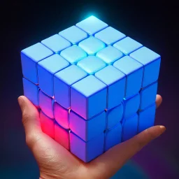 a blue metallic 4d cube inside a 4d orange rotating cube in a 4 dimension environment