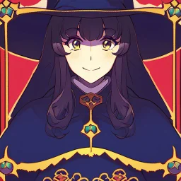 retro anime style, witch, witch hat, witch robe, expression smiling, portrait