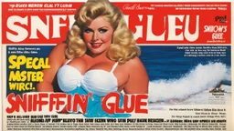SNIFFIN’ GLUE magazine high res photo cover by Russ Meyer: special issue #42 on pull-up thick diapers, seen from bellow, guest star: blonde Sally has an idea for a business. She knows that there were incontinent women like herself with large busts out on the beach and she is missing adult ultra thick pull-up diapers with the matching bras. Her concept is to pair diaper designs with bra designs, specifically themed for outdoor wear.