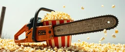 pop corn bucket that looks like a chain saw wielded by serious law man