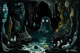 A black underwater abyss with shadow monsters designed in Ica stones painted by Edvard Munch