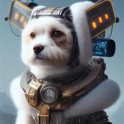 Cyberpunk Portrait of cyborg dog child with brown hair and with cute face, north pole snowy vibe , perfect composition, hyperrealistic, super detailed, 8k, high quality, trending art, trending on artstation, sharp focus, studio photo, intricate details, highly detailed, by greg rutkowski