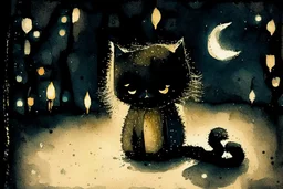 so much fluff, painted and burned burlap, moonlight, cute chibi kitten, styles of Paul Klee Dee Nickerson and Tim Burton, melting watercolor and black ink outlines on wet paper, soft, shading strokes, in candlelight, ethereal, otherwordly, cinematic postprocessing, bokeh, dof, S<AI