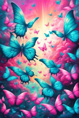 vibrant psychedelic oil painting image, airbrush, 64k, cartoon art image of background TEAL and PINK BUTTERFLIES , futurism style
