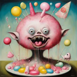 Hieronymus Bosch oil painting titled "Bogomil Candy Taxidermy", Lollipop guild dystopia, saccharine anthropomorphic candy decay, bright primary pastel colors, dynamic diagonal composition, sinister atmosphere, weirdcore, by Stephen Gammell, by Michael DeForge, octane render, creepy, by Jim Woodring,