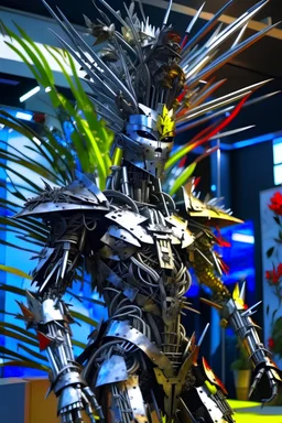 A humanoid being made entirely of sharpened metal blades and spikes stands before a mechanical tree. Photograph.