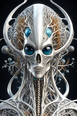 3D rendering of Expressively detailed and intricate of a hyperrealistic “alien anatomy”: front view, scientific, single object, glossy white, shinning silver , a lot of vines, tribalism, laboratory background, shamanism, cosmic fractals, octane render, 8k post-production, detailled metalic bones, dendritic, artstation: award-winning: professional portrait: atmospheric: commanding: fantastical: clarity: 16k: ultra quality: striking: brilliance: stunning colors: amazing depth