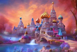 beautiful landscape with colorful cosmic russian palace +water cascade +colored magnificent flowers + rainbow+transparent crystals