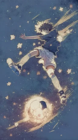 anime soccer player kicking the ball covered in stars