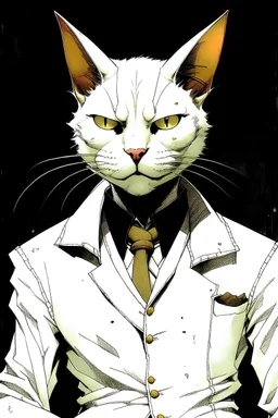 Create an anthropomorphic white cat hero, wearing hero suit in the comic book style of Mike Mignola, Bill Sienkiewicz and Jean Giraud Moebius, with highly detailed skin and masculine facial features, dramatic natural lighting, and finely painted