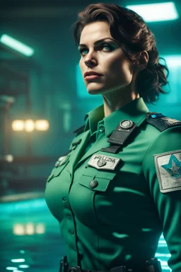 portrait of green muscular super mutant brunette policewoman in uniform in cyan pool in fallout 4 setting, bokeh, downlight, prize winning, depth of field, in the style of ivo caprino, backlight, aura