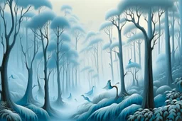 A light palish blue foggy forest with birds painted by Thomas Hart Benton