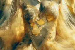 double exposure, merged layers, Beautiful composition of different fabrics, embroidered tulle with jewels, lace and raw pearls, silk, velvet, burlap, double exposure, heart, waterfall, golden glitters in sunshine