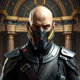 star wars bald male corellian jedi wearing gunmetal grey and black old republic armored flightsuit and breath mask with gold and metallic red trim inside the jedi temple, centered head and shoulders portrait, hyperdetailed, dynamic lighting, hyperdetailed background, 8k resolution, volumetric lighting, light skin, fully symmetric details