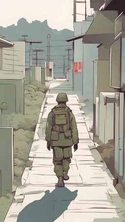 2D. animated. vector. Walking. cartoon. Army Asian. Digital painting. minimal, Vector, 3 color. minimal