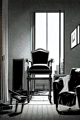 chair in the middle of an empty room, grayscale