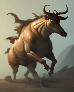 Minotaur, half man. Half bull crw majestically galloping through the dense forest in the style of Doug Hyde , fantastical landscape, soft strokes , mythology portrait, classic illustrated digital design