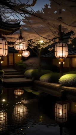 В японском храме, среди цветущих вишневых деревьев, Мусаси Миямото и Даисэнсэй Иккаку разделяют свои мудрые размышления. Свет фонарей и отражение луны создают атмосферу спокойствия и гармонии в духе японской философии.